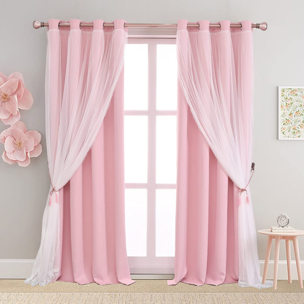 2 Panels Short Pink Blackout Voile Sheer Thermal Elegant Curta for Kids Bedroom 63 Inch Long