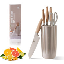 6 PCS Stainless Steel Super Sharp Knife Set for Kitchen with Universal Round Knife Block in Stylish Khaki Color