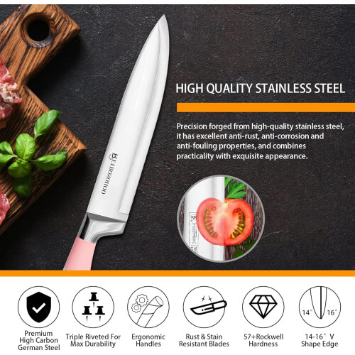 9 Pieces Pink Sharp Non-Stick Coated Knife Set for Cutting Slicing and Dicing Chopping 1