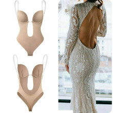 (Beige Women U Plunge Deep V Slim Jumpsuit Bra, 38/XL) Backless Body Shaper Deep V Wedding Slip Bra U Plunge Thong Seamless Bodysuit Black White Skin