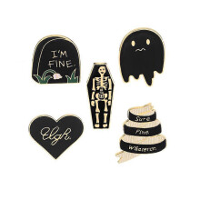 5PCS Halloween Punk Tombstone Coffin Skull Ghost Brooch Alloy Brooches Funny Party Brooch Set for Halloween Dance Party
