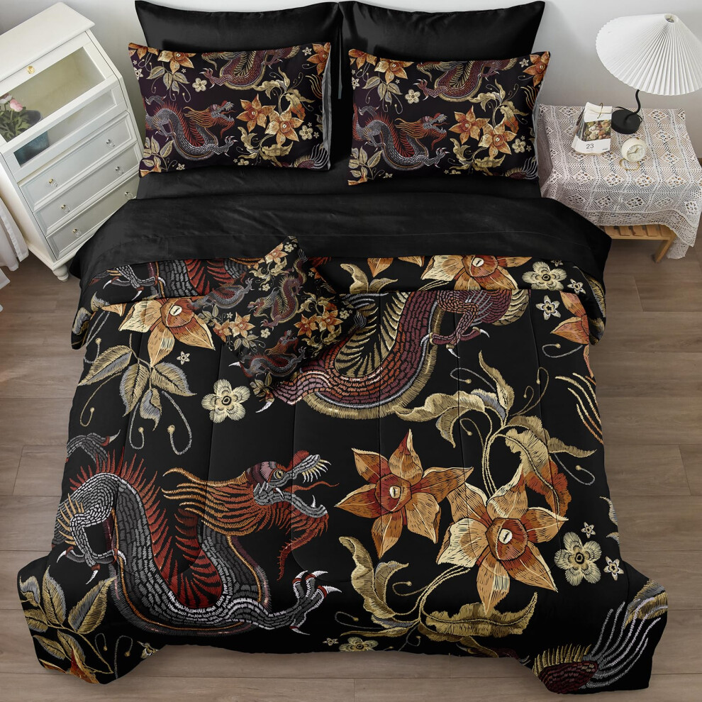 Set Comforter Set Black King Abstract Dragon Floral Home Decor Bed in a Bag