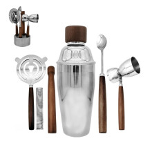6 Pcs Bar Tool Set Stainless Steel Cocktail Shaker Kit With Muddler, Double Jigger, Mixing Spoon, Strainer & Matte Round Stand Bartender Essentials