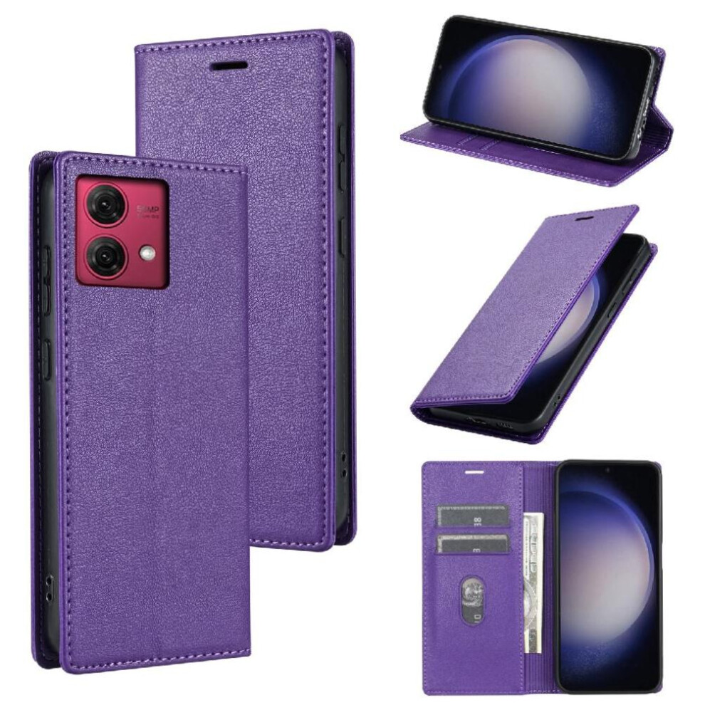 (Purple) Business Style Case For Motorola Moto G84 Card Holder Flip Case Kickstand Magnetic Closure Shockproof Purple 764563093274
