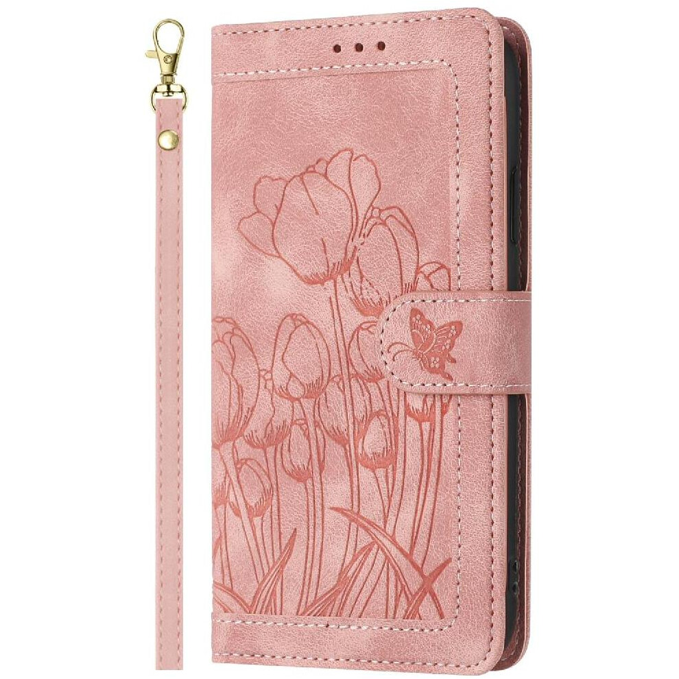 (Pink) Wallet Case For Motorola Moto G84 Tulip Embossed Flip Case Kickstand Wrist Strap Magnetic Closure Pu Leather Pink 764563093991