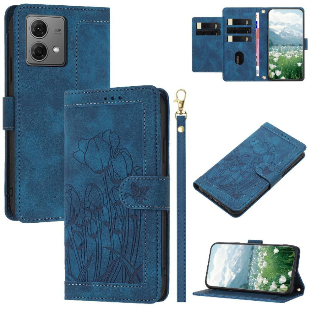 (Blue) Wallet Case For Motorola Moto G84 Tulip Embossed Flip Case Kickstand Wrist Strap Magnetic Closure Pu Leather Blue 764563094035