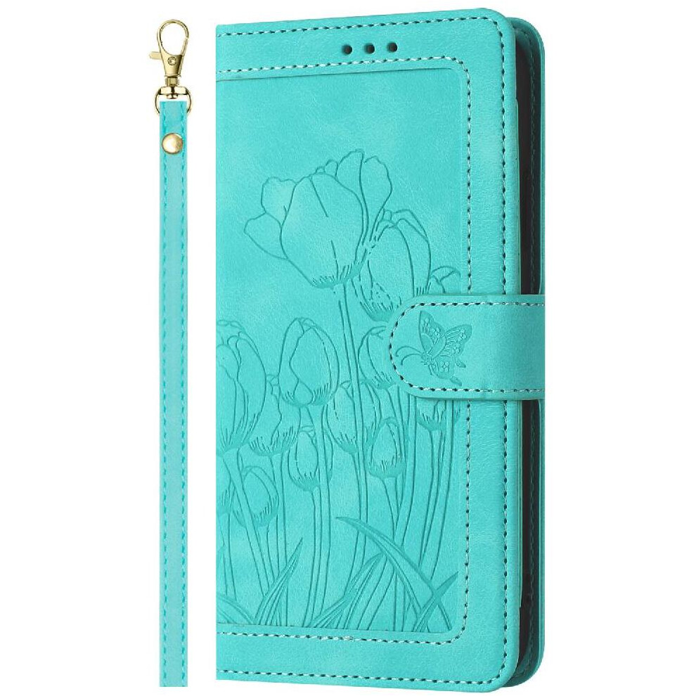 (Green) Wallet Case For Motorola Moto G84 Tulip Embossed Flip Case Kickstand Wrist Strap Magnetic Closure Pu Leather Green 764563094004