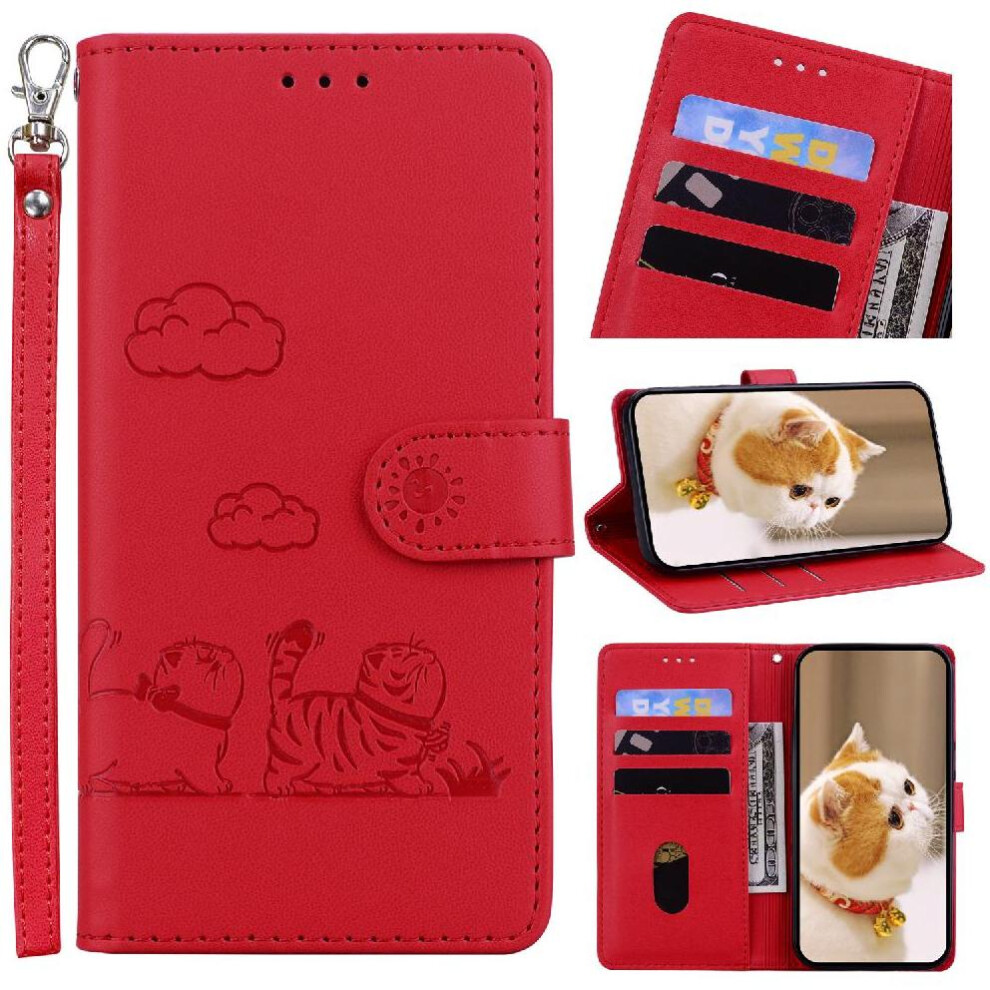(Red) Flip Case For Motorola Moto G84 Card Slot Holder Kickstand Cat Rfid Leather Wallet Red 764563094547