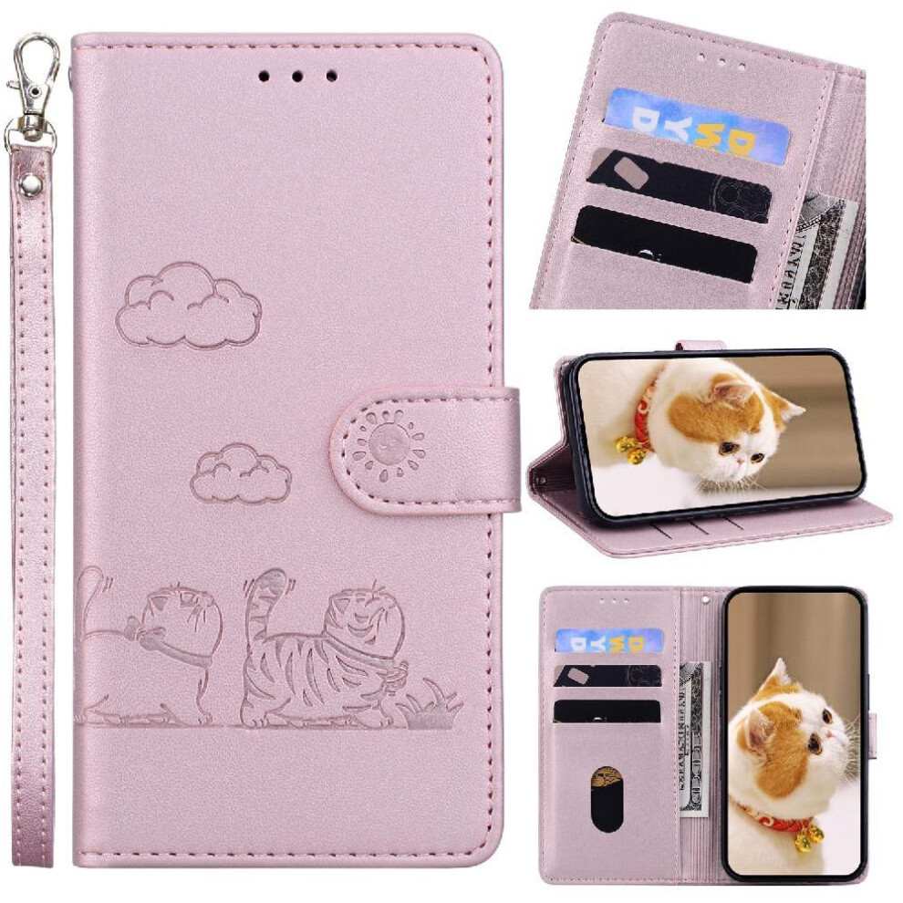 (Pink) Flip Case For Motorola Moto G84 Card Slot Holder Kickstand Cat Rfid Leather Wallet Pink 764563094516