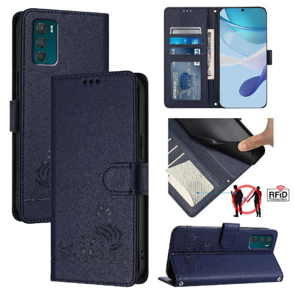 (Blue) Case For Motorola Moto G42 Card Slot Holder Kickstand Cat Rfid Wallet Flip Cover Blue 764563095841