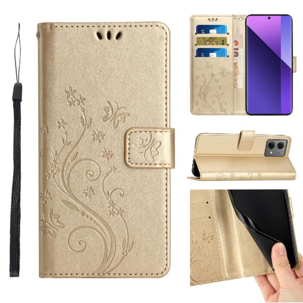 (Gold) Filp Case For Motorola Moto G84 Card Holder Wrist Strap Pu Leather Magnetic Closure Kickstand Gold 764563096756