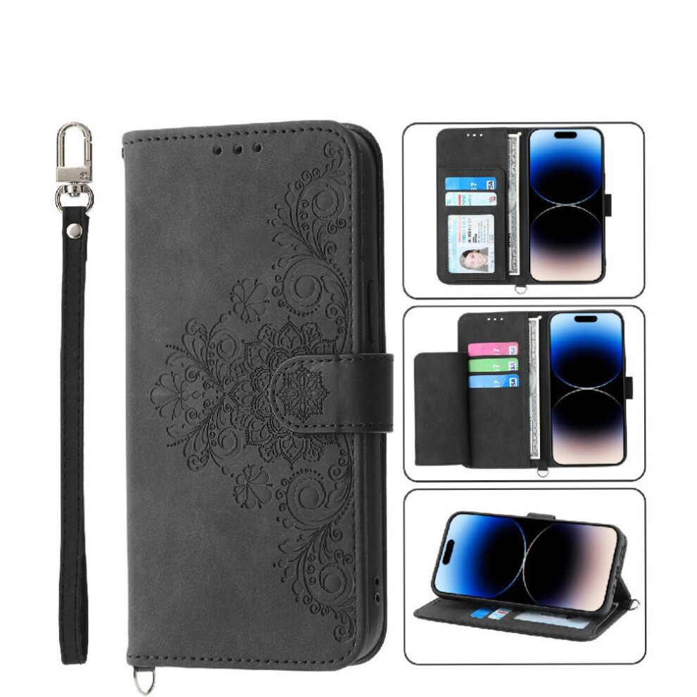 (Black) Flip Case For Motorola Moto G84 Multiple Credit Card Slots Shockproof Wristband Embossed Black 764563096930