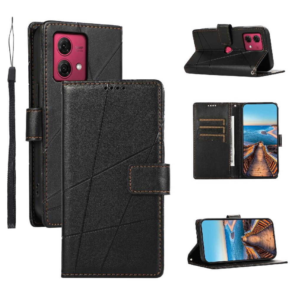 (Black) Flip Case For Motorola Moto G84 Three Card Slots Shock Absorbing Kickstand Shockproof Black 764563097234