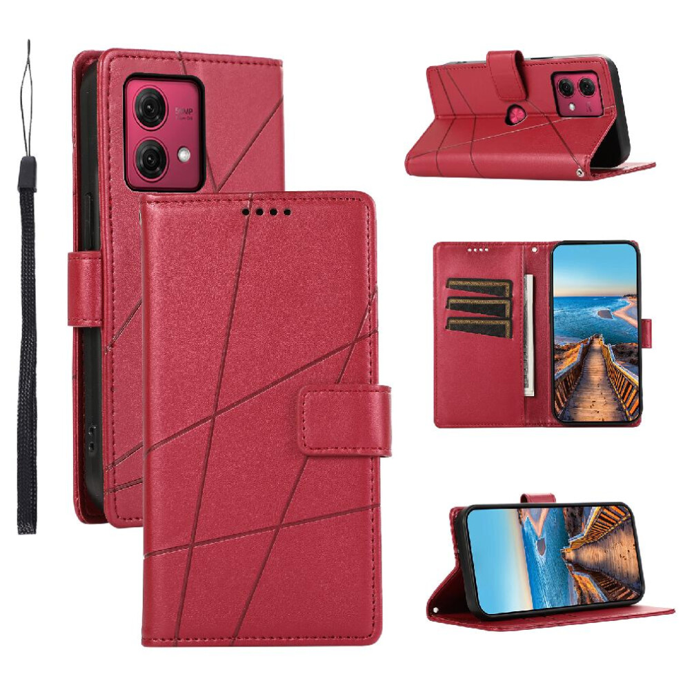 (Red) Flip Case For Motorola Moto G84 Three Card Slots Shock Absorbing Kickstand Shockproof Red 764563097241