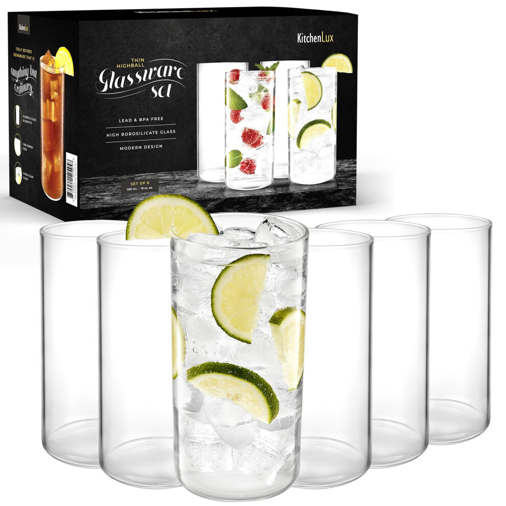 6 Set Thin Round Elegant Drinking Glasses for Sparkling Cocktails and 19 oz