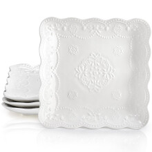4 Set Square Embossed Ceramic Dinner Plates for Banquet Wedding Party 10 Inch