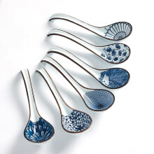 6 Set Blue Soup Spoons for Soup Dumplings and Pho with Long Handle