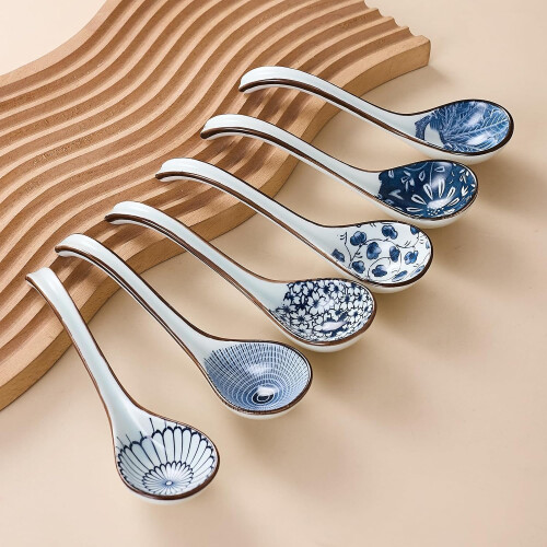 6 Set Blue Soup Spoons for Soup Dumplings and Pho with Long Handle 1