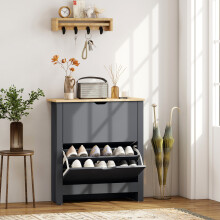 (Grey) HOMCOM 12-Shoe Storage Cabinet 4 Shelves 2 Drawers Tabletop