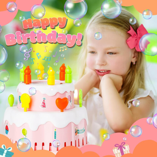 Automatic Birthday Cake Bubble Maker Blower with Solution for Kids Outdoor Indoor Play Easter Party Toy Gift Ref：bFY 2