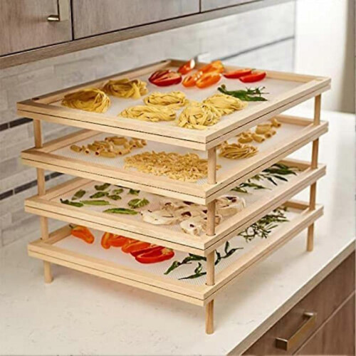 Stackable Food Dryer with Net Wooden Pasta Herb Drying Racks