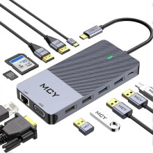 MCY 12-In-1 USB-C Hub with Triple Monitor Support (1000Mbps Lan+VGA+USB3.0/USB2.0+SD/TF+2 HDMI 4K 30Hz+85W PD）