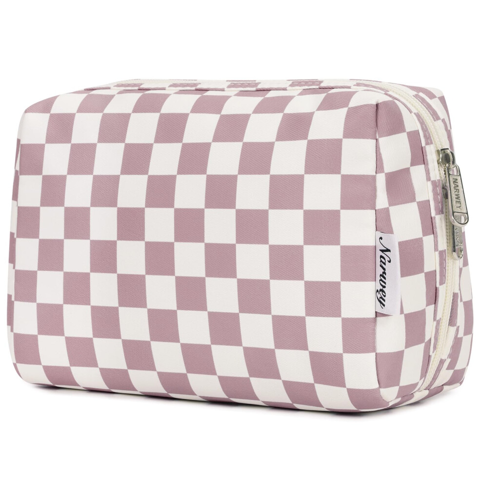 Pink Large Checkered Dusty Rose Checkerboard Makeup Bag Travel Cosmetic Bag Organizer