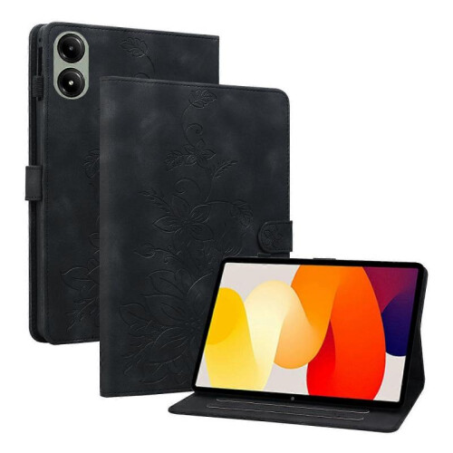 (For Redmi Pad 2 / Redmi Pad SE 11 2025, Black) Lily Embossed Leather Tablet Case