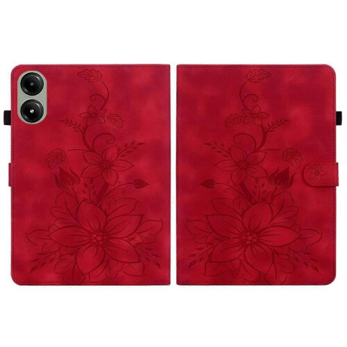 (For Redmi Pad 2 / Redmi Pad SE 11 2025, Red) Lily Embossed Leather Tablet Case 2