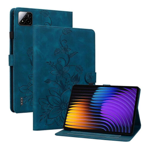 (For Xiaomi Pad 7 / Pad 7 Pro, Dark Blue) Lily Embossed Leather Tablet Case