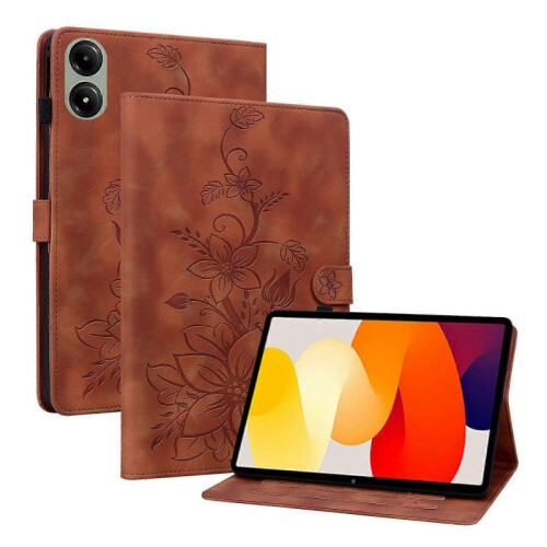 (For Redmi Pad 2 / Redmi Pad SE 11 2025, Brown) Lily Embossed Leather Tablet Case