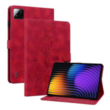 (For Xiaomi Pad 7 / Pad 7 Pro, Red) Lily Embossed Leather Tablet Case