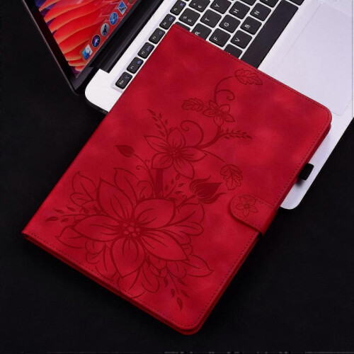 (For Xiaomi Redmi Pad SE, Red) Lily Embossed Leather Tablet Case 1