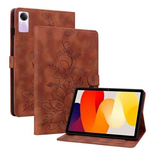 (For Xiaomi Redmi Pad SE, Brown) Lily Embossed Leather Tablet Case