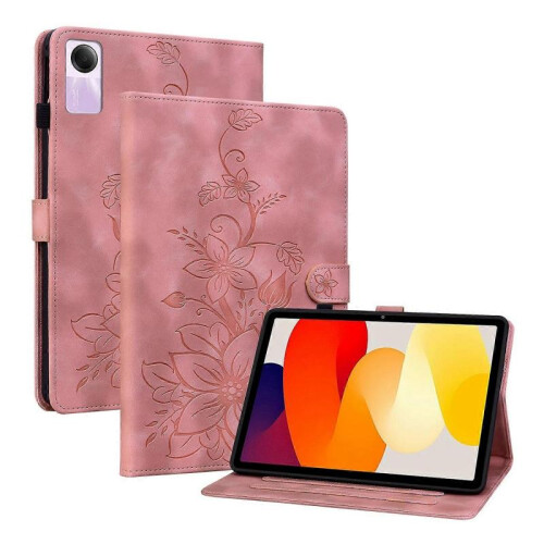 (For Xiaomi Redmi Pad SE, Pink) Lily Embossed Leather Tablet Case