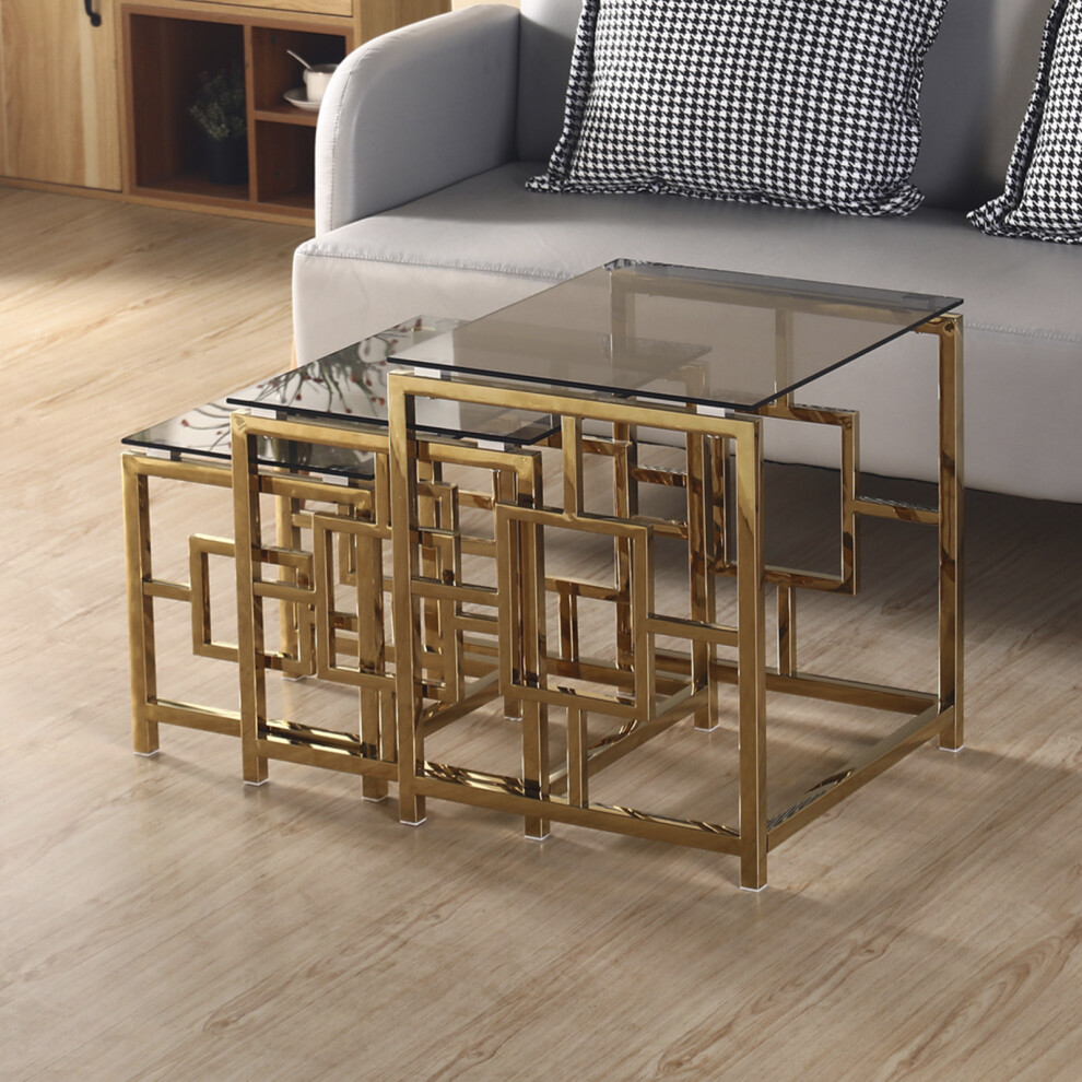 Jahecome (Gold Leg + Transparent Glass) Nest Of 3 Tables Coffee Table Side End Table