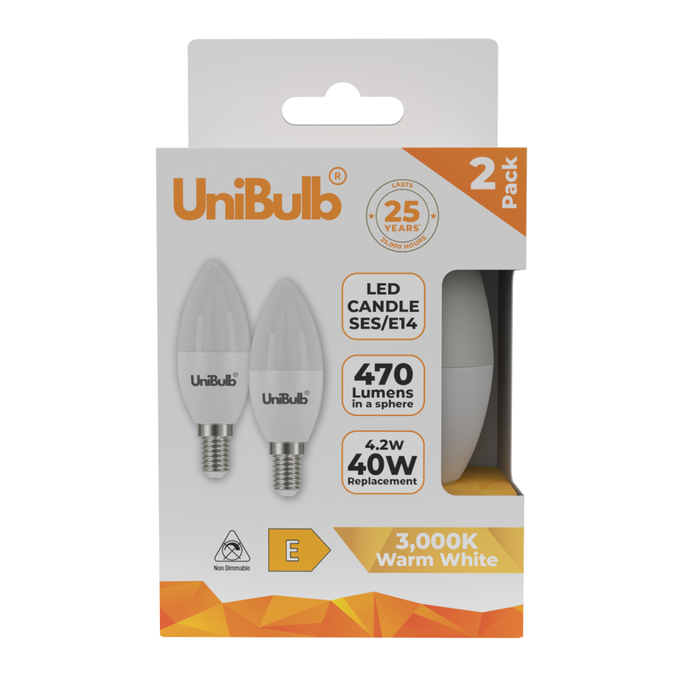 Unibulb Led Candle E14 (Ses) 470Lm 4.2W 3000K (Warm White) - Pack Of 2