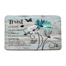 Trust in The Lord Rustic Teal Daisy Flower Butterfly Vintage Barn Door Farmhouse Print Bath Mat