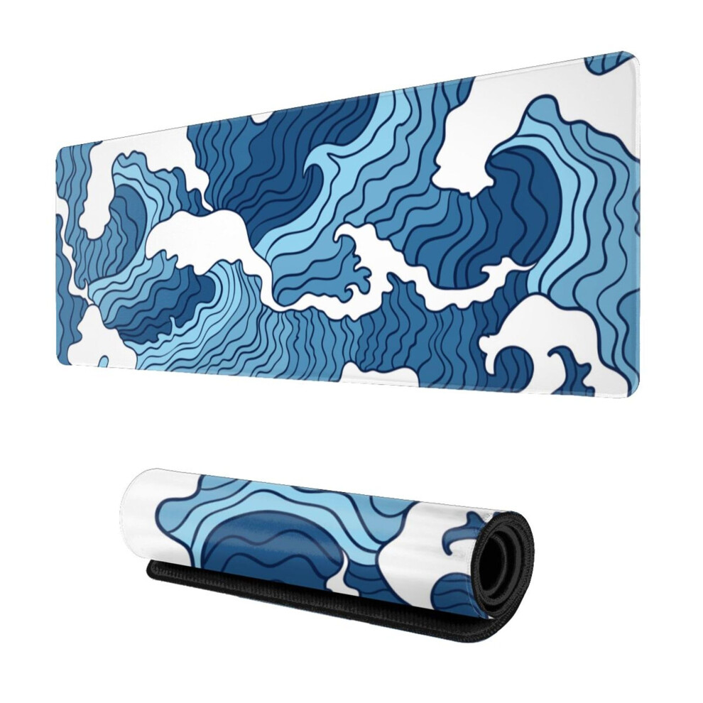 Japanese And Wave Gaming Mouse Pad For Gaming Desk Xl 31.5 X 11.8 Inch Blue/White 6493810897177