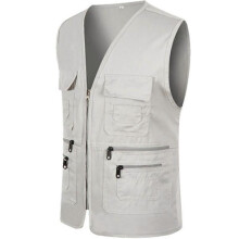 (2XL, Light Grey) Men Multi-pocket Utility Vest Fishing Waistcoat Hiking Gilet Jacket Coat