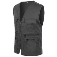 (L, Dark Grey) Men Multi-pocket Utility Vest Fishing Waistcoat Hiking Gilet Jacket Coat