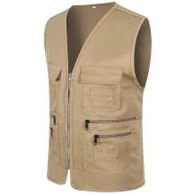 (2XL, Khaki) Men Multi-pocket Utility Vest Fishing Waistcoat Hiking Gilet Jacket Coat
