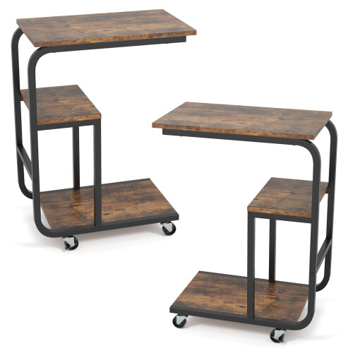 Casart Set of 2 C-shaped Side Table Mobile Sofa Table w/ Shelves-Brown