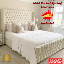 (Pink Plush , 4ft6" Double (with Gaslift)) Luxury Winged Chesterfield Double Bed Frame with Mattress Included 54in Headboard Ottoman Gas Lift Storage Hand Made UK