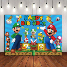 Cartoon Coin Video Game Happy Birthday Theme Photography Backdrops, Children Boys Birthday Party Decor Supplies Kids Shoot Photo Backgrounds 7x5ft