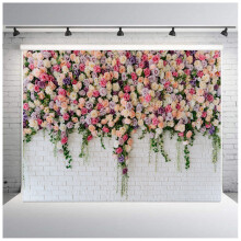 Wedding Flower Wall Backdrop Polyester Fabric Pink Bridal Brick Floral Blossom Romantic Rose Plant Elegant 7Wx5H