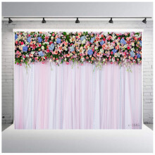 Wedding Flower Wall Backdrop Polyester Fabric Pink Bridal Brick Floral Blossom Romantic Rose Plant Elegant 7Wx5H