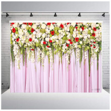 Wedding Flower Wall Backdrop Polyester Fabric Pink Bridal Brick Floral Blossom Romantic Rose Plant Elegant 7Wx5H