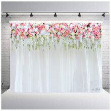 Wedding Flower Wall Backdrop Polyester Fabric Pink Bridal Brick Floral Blossom Romantic Rose Plant Elegant 7Wx5H
