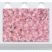 Wedding Flower Wall Backdrop Polyester Fabric Pink Bridal Brick Floral Blossom Romantic Rose Plant Elegant 7Wx5H